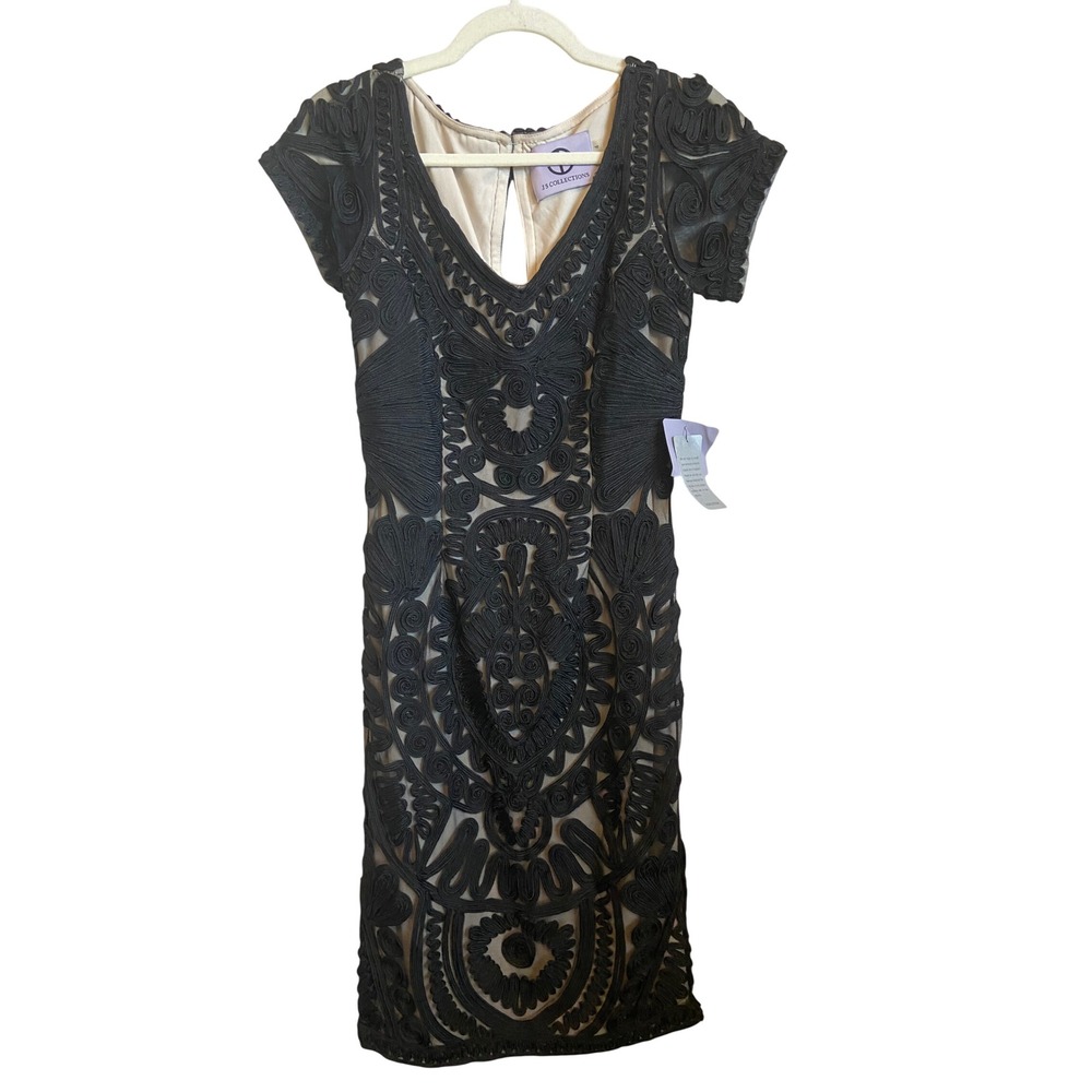 JS Collections Black Soutache Embroidered Sheath Dress V-Neck Size 4 NWT